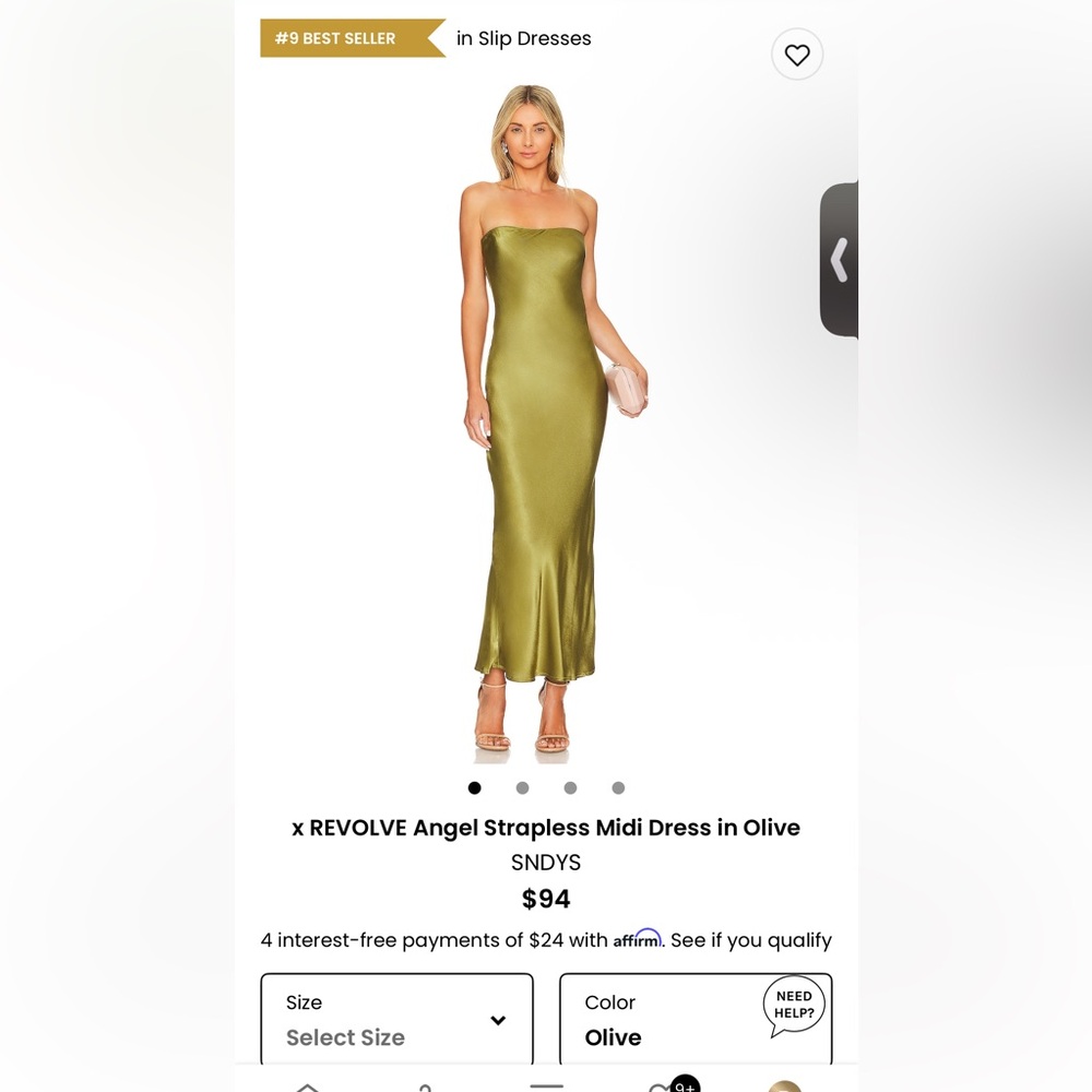 SNDYS Strapless Satin Dress in Olive